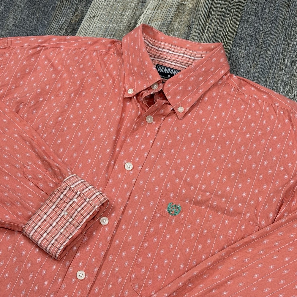 Panhandle Slim Mens M Pink Geometric Western Shirt Medium Button Up‎ Long Sleeve